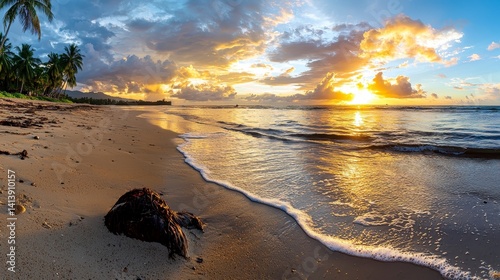 Serene Tropical Beach Sunrise with Golden Light and Palm Trees