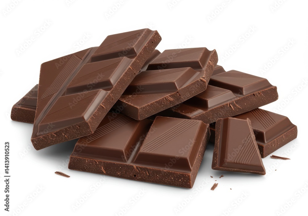 A pile of milk chocolate squares and pieces stacked on a white surface in a close up shot A pile of milk chocolate squares and pieces stacked on a white surface in a close up shot