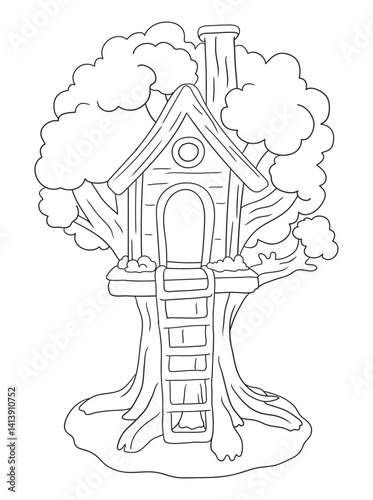 Black and white tree house coloring page design. Fun and creative line art for kids, perfect for coloring books, worksheets, and printable art activities.
