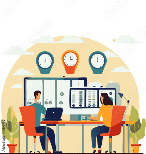 Illustration of a Virtual Business Meeting on Laptop with Global Time Clocks

