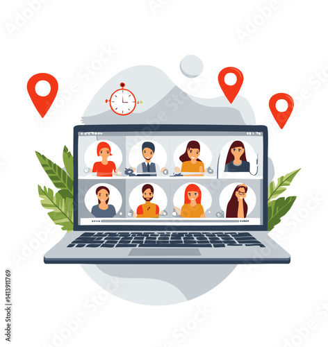 Illustration of a Virtual Business Meeting on Laptop with Global Time Clocks

