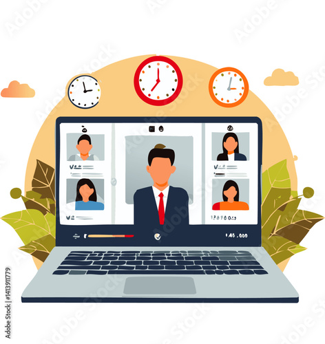 Illustration of a Virtual Business Meeting on Laptop with Global Time Clocks

