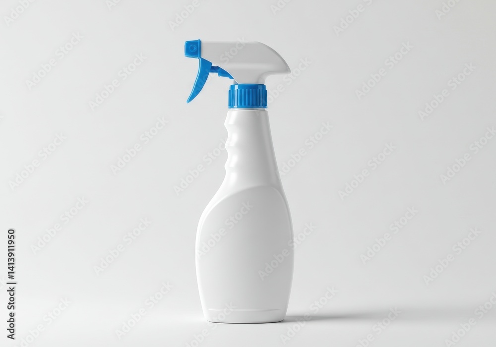 A white spray bottle with a blue nozzle on a white background in a studio setting indoors today A white spray bottle with a blue nozzle on a white background in a studio setting indoors today