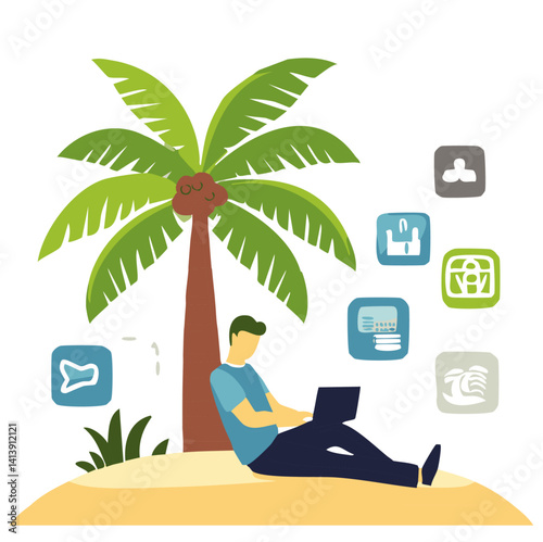Freelancer Working on Laptop Under Palm Tree on Beach – Remote Work Concept

