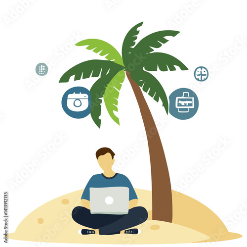 Freelancer Working on Laptop Under Palm Tree on Beach – Remote Work Concept

