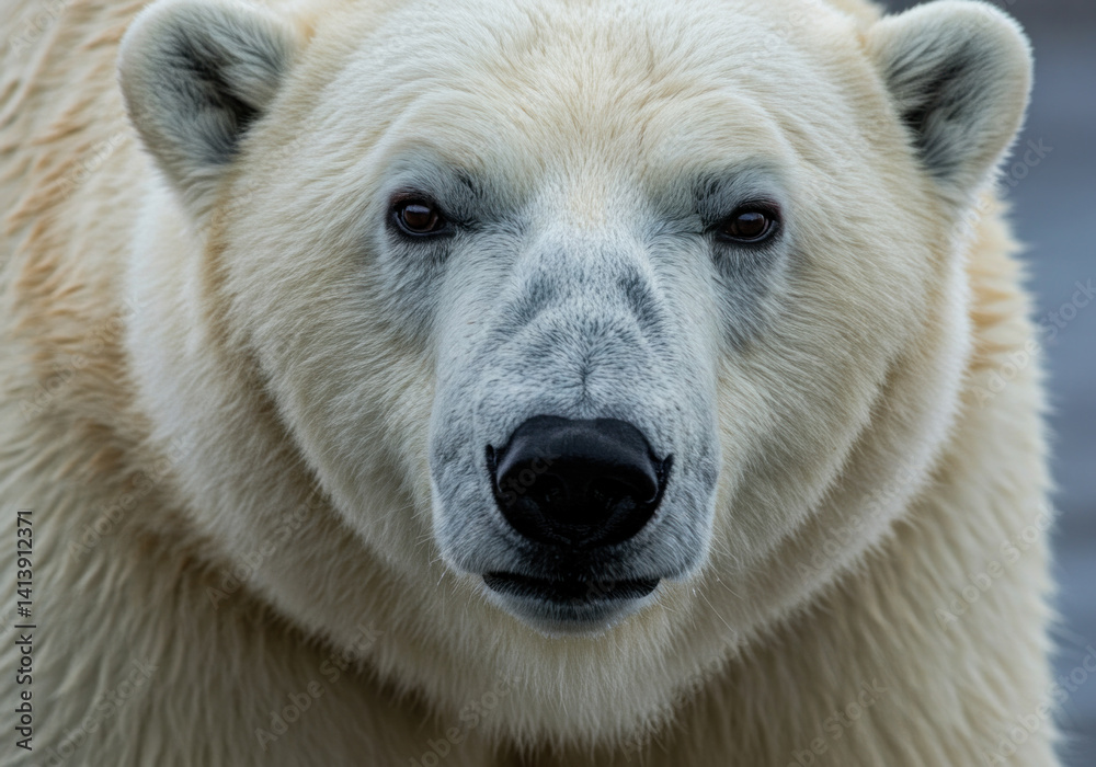 Close-up of a polar bear's face, showcasing its powerful jaws and icy blue eyes, set against a stark, snowy background.