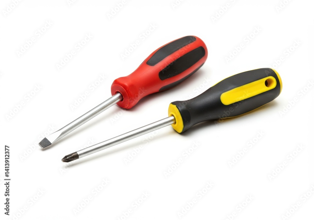 Two screwdrivers with red and yellow handles on a white background in a studio setting close up view Two screwdrivers with red and yellow handles on a white background in a studio setting close up view