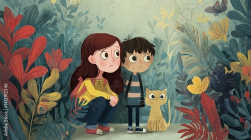 Children explore a colorful forest with a cat in a whimsical animated scene during a sunny day, cartoon illustration.