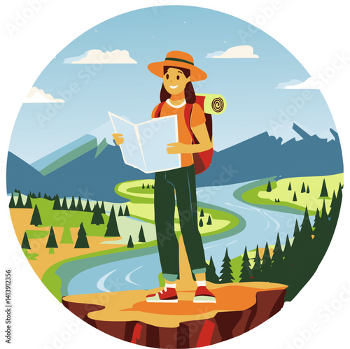 Female Backpacker Navigating with Map in Scenic Mountain Landscape

