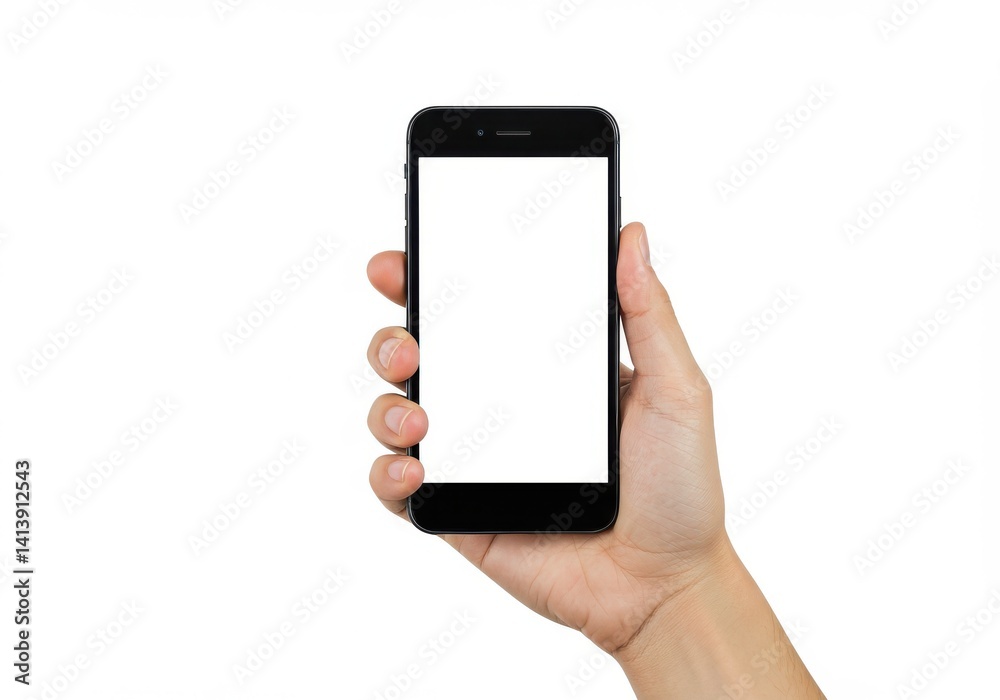 A hand holding a black smartphone with a blank white screen against a white background studio shot A hand holding a black smartphone with a blank white screen against a white background studio shot