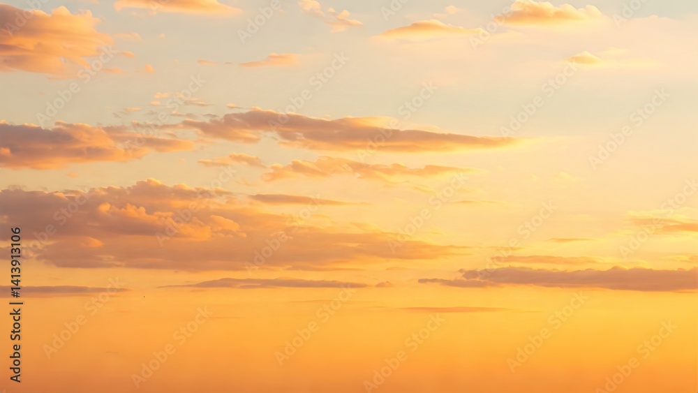 Obraz premium Golden Hour Sky: Soft Pastel Clouds in Hues of Orange, Yellow, and Pale Blue Paint a Tranquil and Warm Scene at Sunset or Sunrise, Evoking Peace and Serenity.