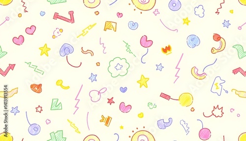 Seamless doodle pattern with colorful hand-drawn arrows, hearts, stars, and symbols on beige background. Fun crayon style, perfect for kids, decor, wrapping, and digital design.