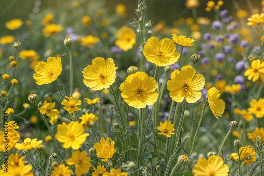 Fototapeta premium Vibrant Buttercups in a Lush Sunny Flower Garden with Golden Hues