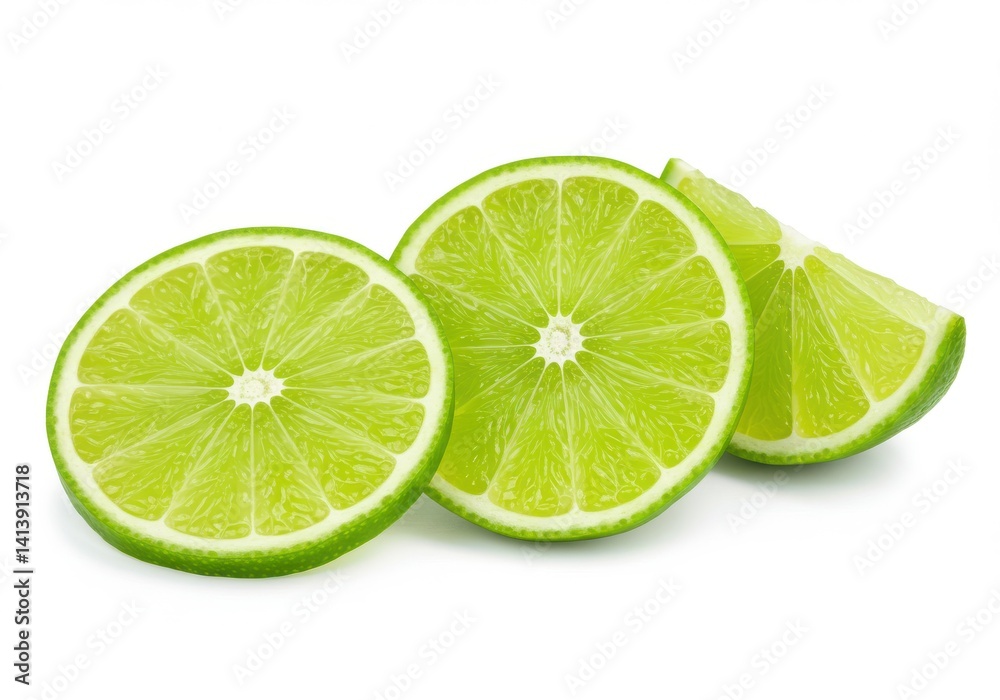 A close up of three lime slices showing the vibrant green color and juicy texture on a white background A close up of three lime slices showing the vibrant green color and juicy texture on a white background