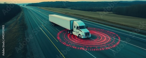 Autonomous truck on highway with sensor data visualization