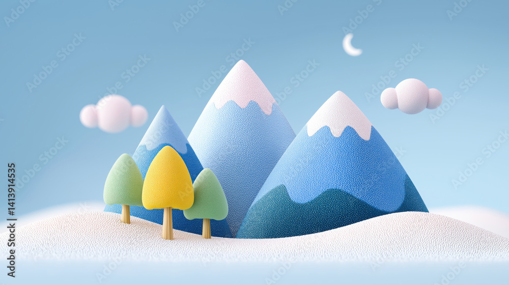 Colorful mountain landscape with stylized trees and soft clouds set against a blue sky during daytime, 3D cartoon clay style illustration.