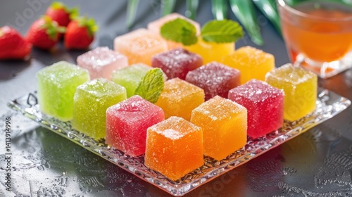 Colorful fruit jellies on a glass plate