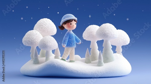 Obraz na płótnie Charming winter landscape featuring a whimsical character exploring a snow-covered forest, 3D cartoon clay style illustration. w salonie