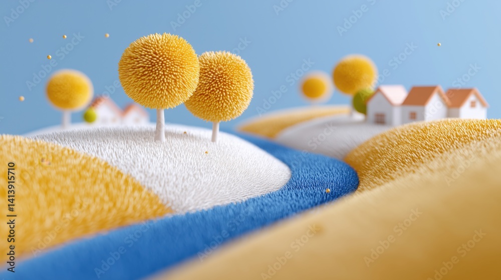 Vibrant landscape with fluffy trees and serene river under clear blue sky during daylight, 3D cartoon clay style illustration.