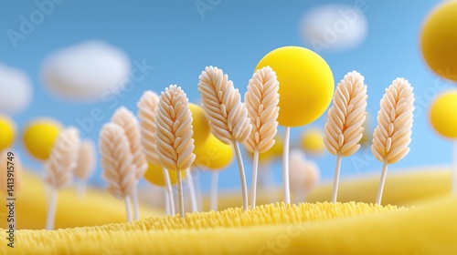 Vibrant landscape of yellow wheat and playful clouds under a bright blue sky, 3D cartoon clay style illustration.
