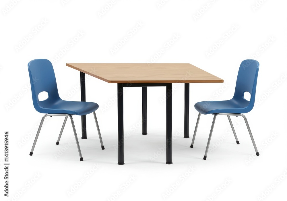 A square table with black legs and two blue chairs with metal legs on a white background studio shot A square table with black legs and two blue chairs with metal legs on a white background studio shot