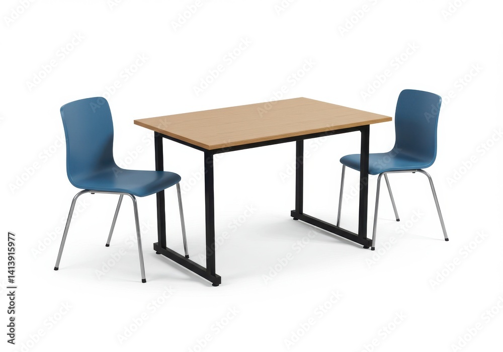 A simple scene of a table with a light brown top and two blue chairs on a white background studio shot A simple scene of a table with a light brown top and two blue chairs on a white background studio shot