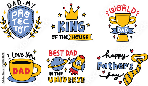 Colorful Father’s Day sticker set with affirmations like Best Dad, Super Dad, and Dad My Hero for cards, gifts, and decoration use.