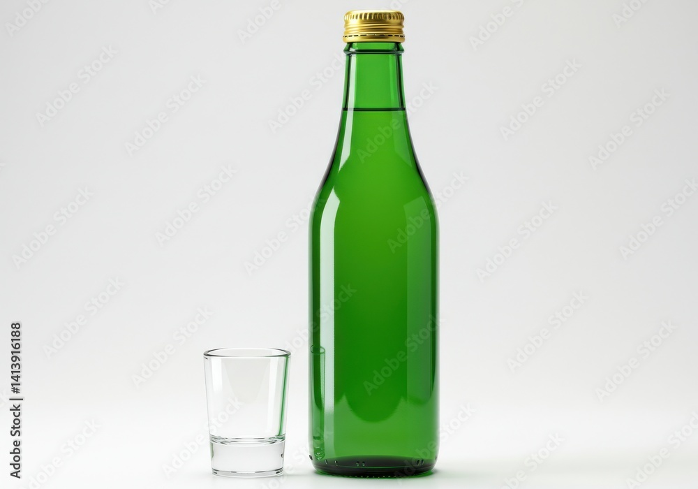 A green bottle with a gold cap and a small glass on a white background studio shot image view A green bottle with a gold cap and a small glass on a white background studio shot image view