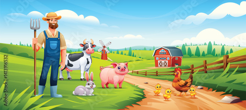 Farmer with farm animals including cow, pig, rabbit, hen and chicks. Vector cartoon illustration