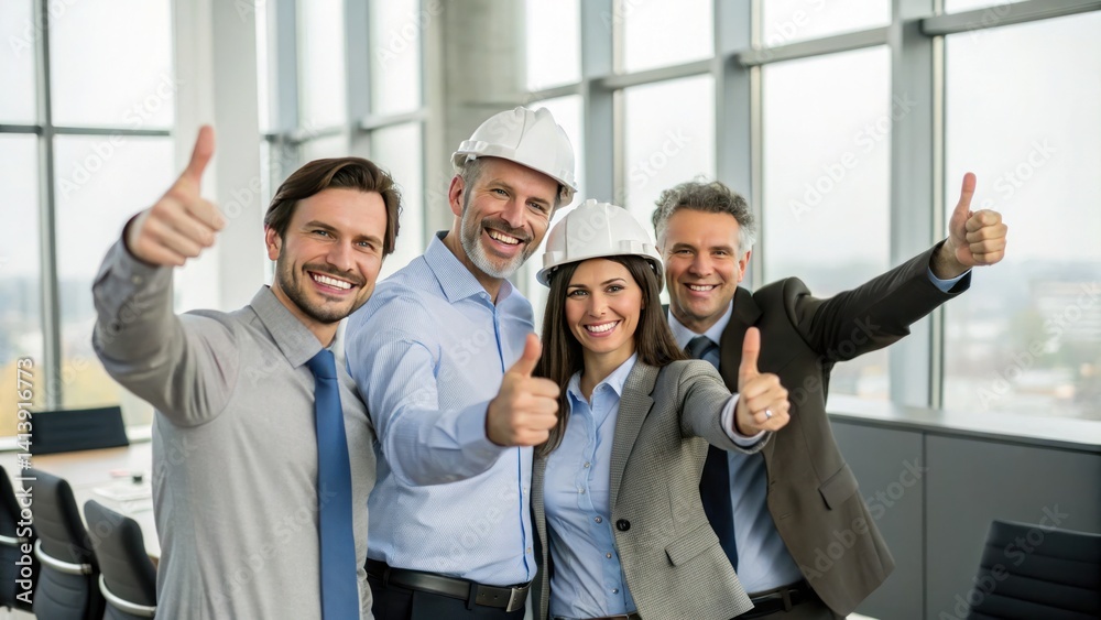Obraz premium A group of four professionals in hard hats smiles and gives thumbs up, showcasing teamwork and positivity in a modern office environment.