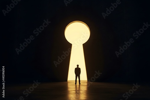 symbolizing opportunity and discovery.A silhouetted businessman stands before a large keyhole-shaped opening in a dark concrete wall, Person stands before a giant keyhole	