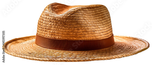 flat brim straw hat with brown band isolated on white background photo