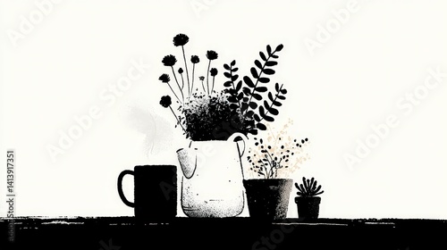 Stylish Black   White Potted Plants  Home Decor  Coffee Mug Still Life