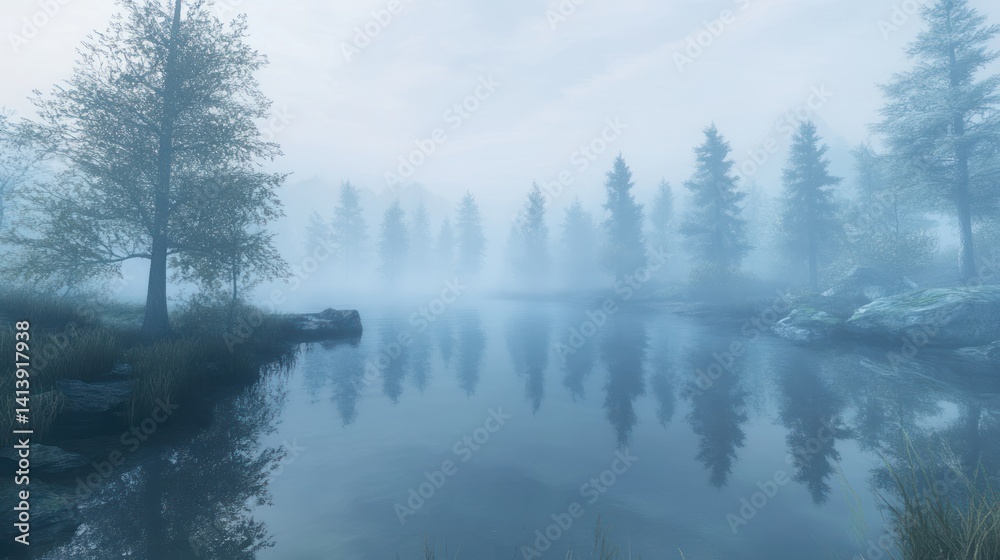 Ethereal lake landscape shrouded in mist, reflecting serene tranquility