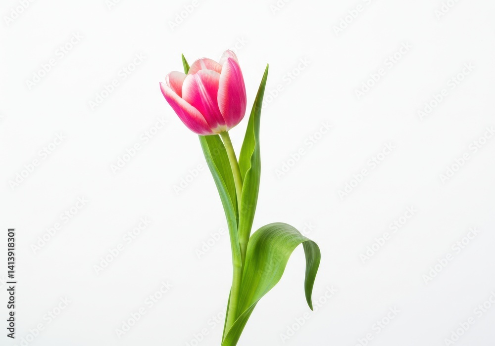 A single pink and white tulip with green leaves on a white background in a studio setting view A single pink and white tulip with green leaves on a white background in a studio setting view
