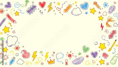 Colorful hand-drawn doodle set with arrows, hearts, stars, clouds, and crowns on beige background. Crayon-style symbols in vibrant, playful, childlike style for design or decor.