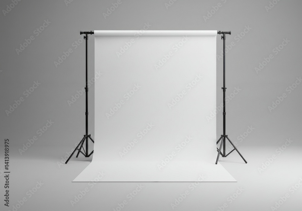 A studio setup featuring a white backdrop with black stands against a gray background scene indoors A studio setup featuring a white backdrop with black stands against a gray background scene indoors