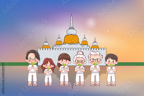 Cute Cartoon Thai Buddhist ceremony Buddhist Park. Illustration vector Phra that Na Dun.