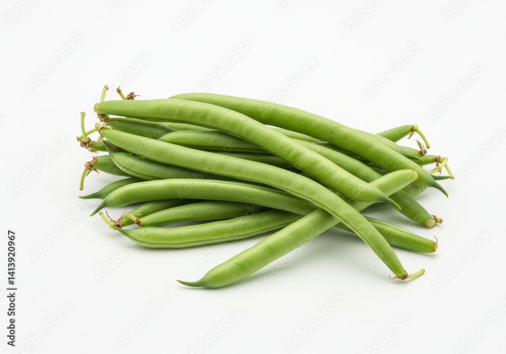 A pile of fresh green beans isolated on a white background in a studio setting for food photography A pile of fresh green beans isolated on a white background in a studio setting for food photography