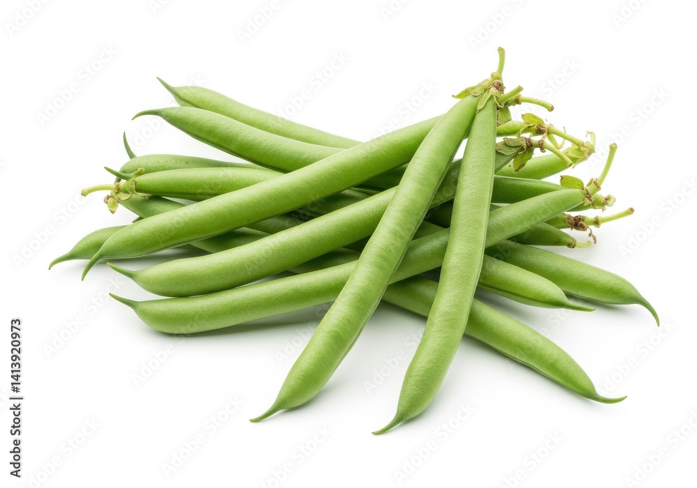 A pile of fresh green beans with visible stems isolated on a plain white background in a studio shot A pile of fresh green beans with visible stems isolated on a plain white background in a studio shot