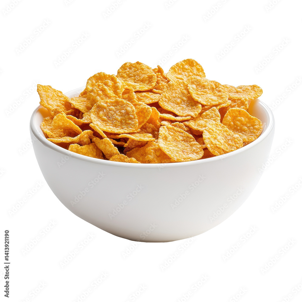 Crunchy corn flakes in a white bowl on a bright Transparent background for a wholesome breakfast experience, Corn Flakes in white bowl isolated on PNG background Crunchy corn flakes in a white bowl on a bright Transparent background for a wholesome breakfast experience, Corn Flakes in white bowl isolated on PNG background