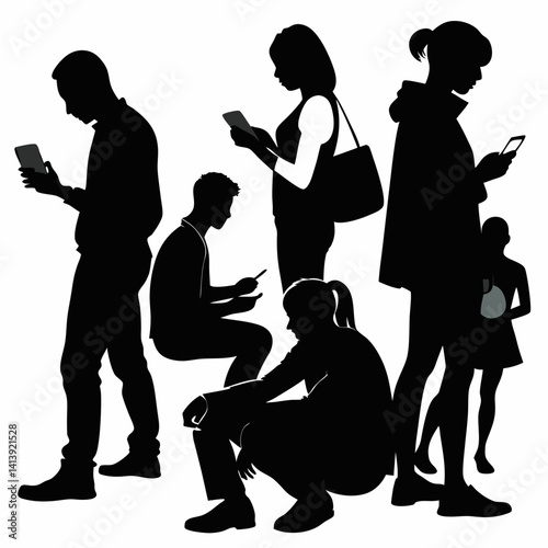 A black and white image of people walking and texting on a white background | Premium AI-generated vector
