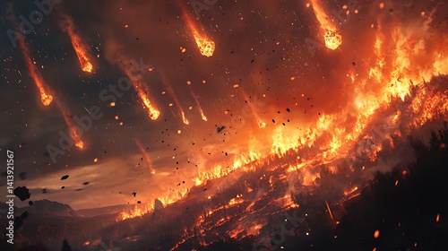 Apocalyptic Firestorm with Celestial Impact Fiery Devastation for wildfire burning sky earth cosmic concept.