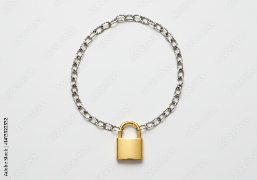 A silver chain looped with a golden padlock hanging centered on a white background in studio lighting A silver chain looped with a golden padlock hanging centered on a white background in studio lighting