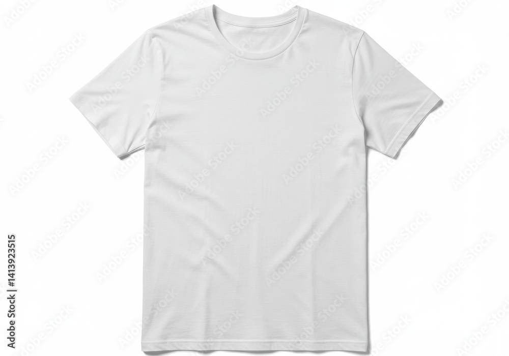 A plain white t shirt is displayed on a white background with short sleeves and a round neck collar A plain white t shirt is displayed on a white background with short sleeves and a round neck collar