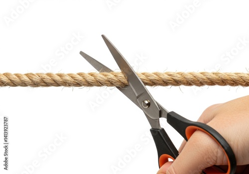 A hand holding scissors cutting through a thick brown rope against a white background studio shot