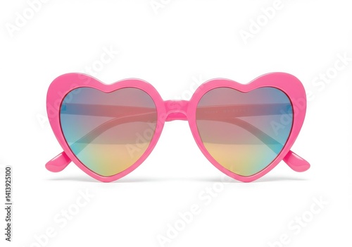 Close up of bright pink heart shaped sunglasses with rainbow colored lenses on a white background
