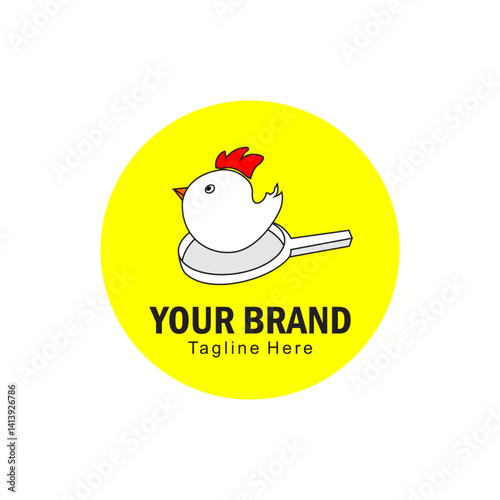logo of a chick on a frying pan with a yellow circle background
