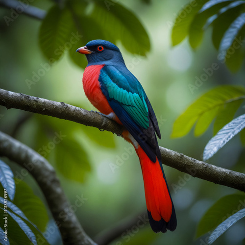 Cuban Trogon in the Sierra Maestra Mountains, Cuba — A colorful bird with a red belly and iridescent blue-green back, perched in a leafy treetop.