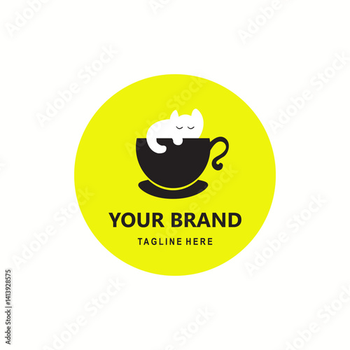 cat logo on a black and white coffee cup with a yellow circle background